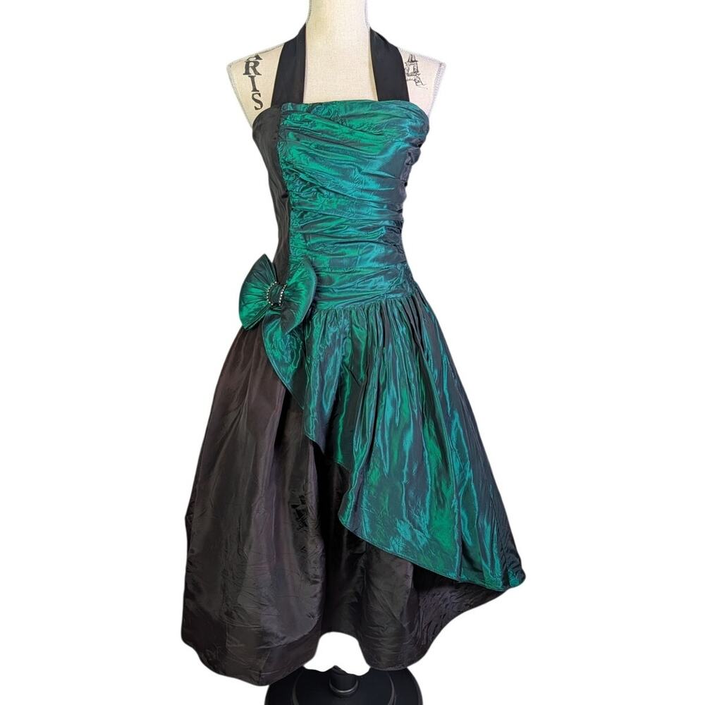 Vintage 80s Gunne Sax XS Green Black Homecoming Winter Formal Dress